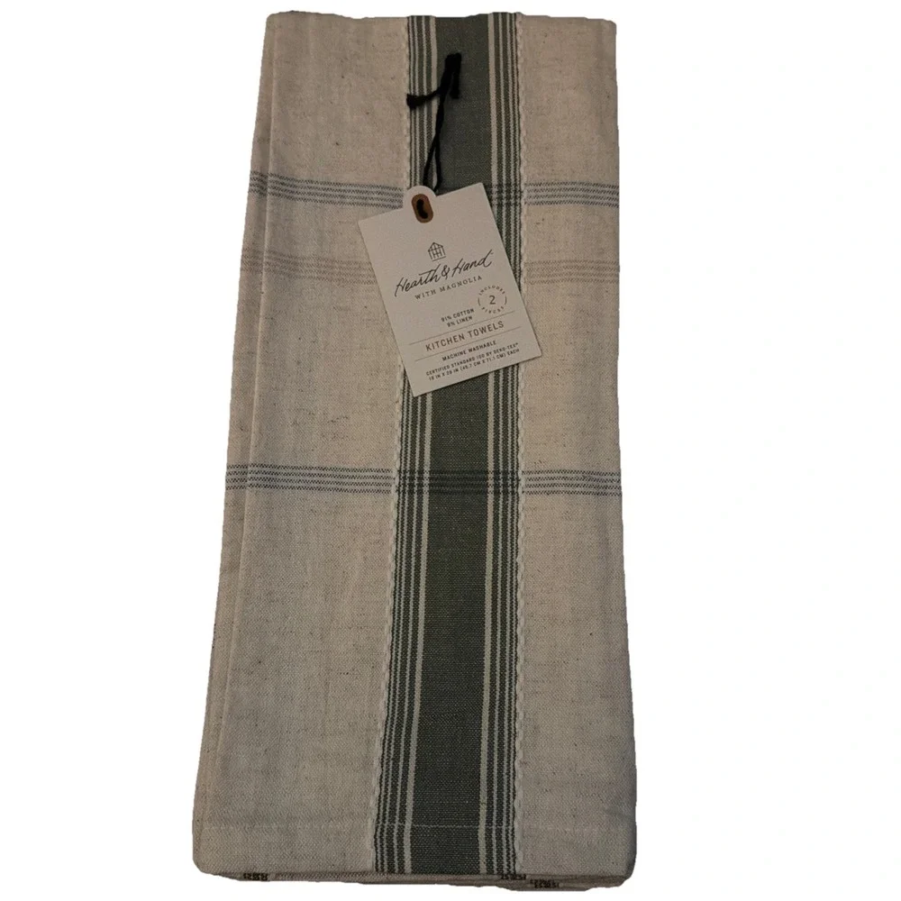 Hearth & Hand Magnolia Striped Kitchen Towels Cream, Green, & Blue, Set of 2 NWT